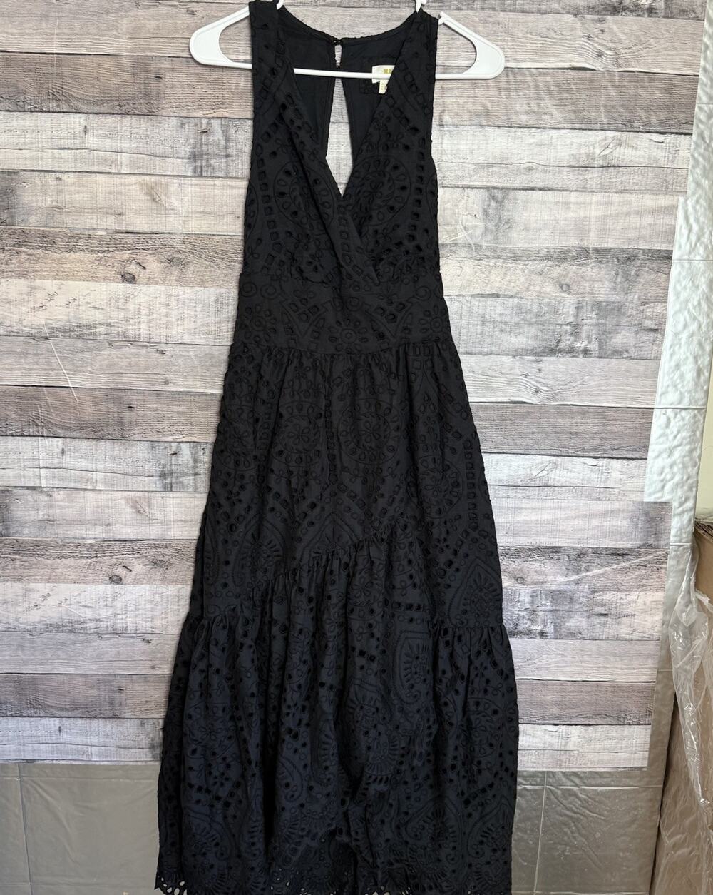 Anthropologie Mauve Trader Eyelet Faux Wrap Black Midi Tiered Dress Sz 2